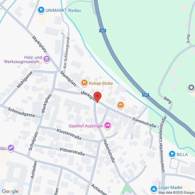 Lehrlingsportal.at Karte mit Straßen und Geschäften in einem zentralen Bereich in der Nähe des Flusses, einschließlich Marktplatz, Dammstraße und Orten wie dem Gasthof Autzinger und der Kebap-Stube.