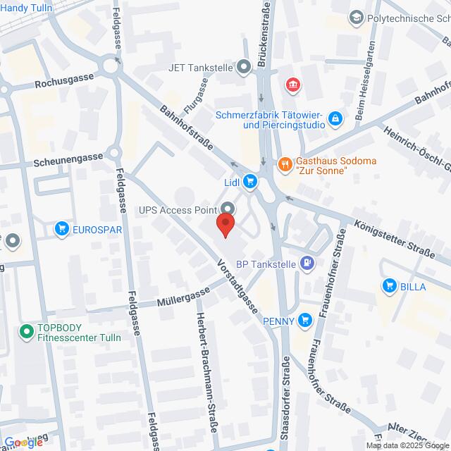 Lehrlingsportal.at Die Karte zeigt einen zentralen Bereich in Tulln, Österreich, mit Sehenswürdigkeiten wie UPS Access Point, Lidl, BP Tankstelle und nahe gelegenen Straßen und Geschäften.