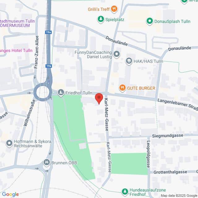 Lehrlingsportal.at Karte der Karl-Metz-Gasse in Tulln, Österreich, mit Straßen, Geschäften und Sehenswürdigkeiten in der Nähe, einschließlich Friedhof Tulln und Gute Burger.