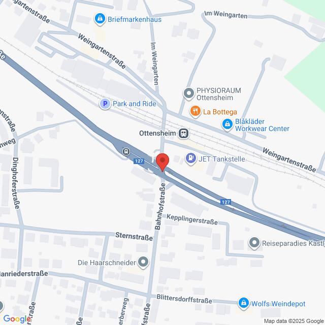 Lehrlingsportal.at Karte mit der Lage des Bahnhofs Ottensheim und den umliegenden Geschäften, Straßen und Sehenswürdigkeiten in Ottensheim, Österreich.