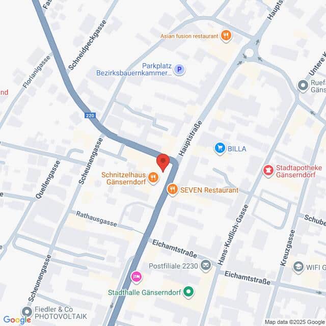 Lehrlingsportal.at Eine digitale Karte, die einen Teil von Gänserndorf, Österreich, zeigt, mit eingezeichneten Sehenswürdigkeiten wie dem Schnitzelhaus Gänserndorf, dem Supermarkt BILLA und mehreren Restaurants.