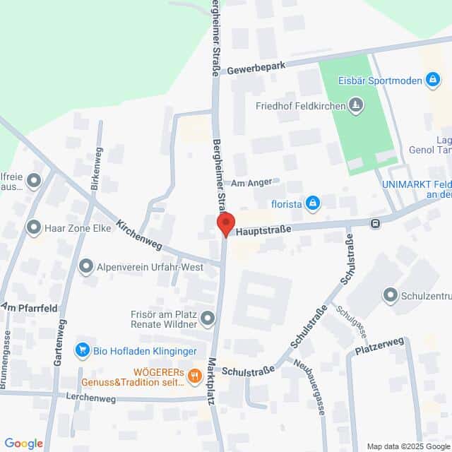 Lehrlingsportal.at Eine Karte mit Straßen und Geschäften in einem Viertel, zentriert auf die Kreuzung von Hauptstraße und Marktplatz in Urfahr, Österreich.