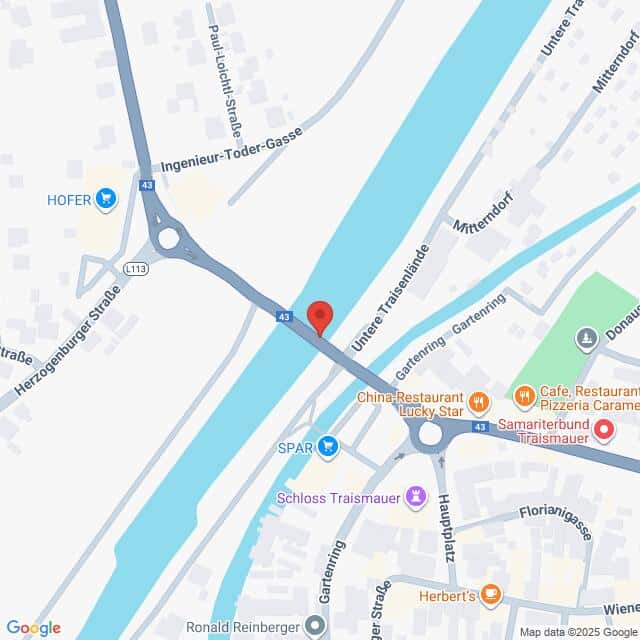 Lehrlingsportal.at Karte mit einem Ausschnitt von Traismauer, Österreich, mit der Kreuzung Herzoghubergasse, Hauptplatz und Untere Talschaid sowie nahe gelegenen Geschäften und Sehenswürdigkeiten.
