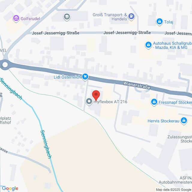 Lehrlingsportal.at Eine Karte, die die Lage der myflexbox AT 216 in der Nähe der Wienerstraße zeigt, mit Markierung der umliegenden Geschäfte und Straßen.