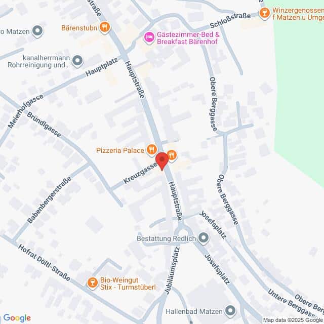 Lehrlingsportal.at Eine Kartenansicht von Matzen, Österreich, die Orte wie Pizzeria Palace, Bio-Weingut Stix und mehrere Straßen wie Hauptstraße und Kreuzgasse hervorhebt.