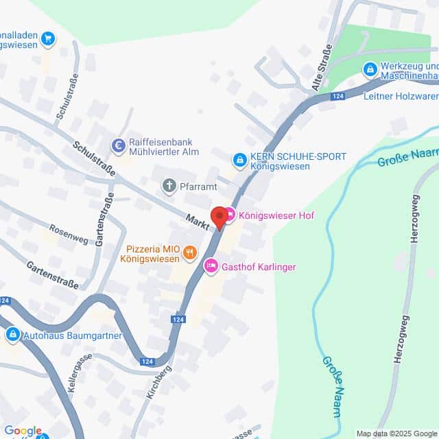 Lehrlingsportal.at Karte der Lage des Königswieser Hofs in Königswiesen, Österreich, mit nahegelegenen Straßen, Unternehmen und dem Fluss Große Naarn.