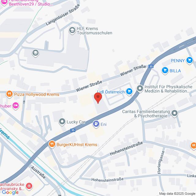 Lehrlingsportal.at Eine digitale Karte zeigt einen Ausschnitt von Krems, Österreich, mit Markierungen von Sehenswürdigkeiten, Straßen und lokalen Geschäften in der Nähe der Wiener Straße. Eine rote Markierung zeigt einen bestimmten Ort an.