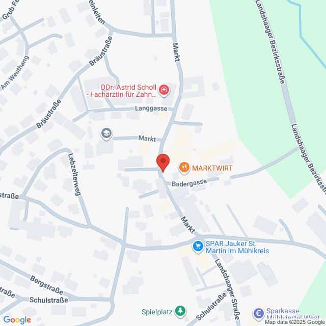 Lehrlingsportal.at Kartenansicht einer Kleinstadt mit hervorgehobenen Straßennamen, Stecknadeln, Unternehmen und einem nahe gelegenen Park.