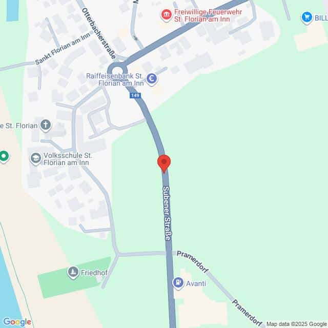 Lehrlingsportal.at Karte mit der Lage der Subener Straße in St. Florian am Inn, Österreich, mit nahegelegenen Sehenswürdigkeiten wie einer Schule, einer Kirche, einer Bank, einem Feuerwehrhaus und einem Friedhof.