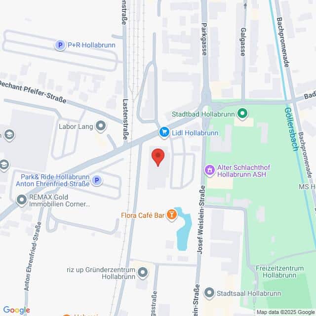 Lehrlingsportal.at Eine Karte, die einen Ausschnitt von Hollabrunn, Österreich, zeigt und Sehenswürdigkeiten wie Lidl, Flora Café Bar und Alter Schlachthof Hollabrunn ASH hervorhebt.