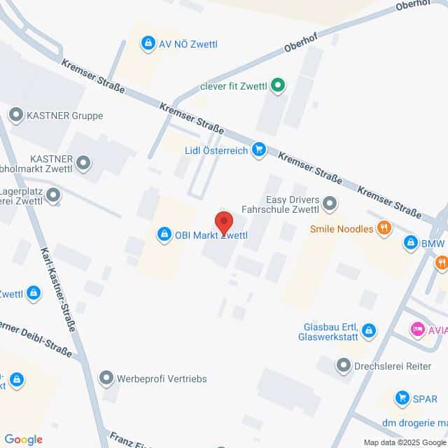 Lehrlingsportal.at Karte mit der Lage des OBI Marktes Zwettl an der Kremser Straße in Zwettl, Österreich, mit Markierung der umliegenden Geschäfte und Straßen.