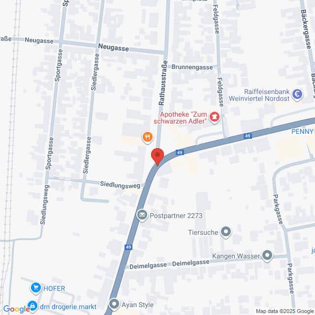 Lehrlingsportal.at Eine digitale Karte zeigt Straßen und Geschäfte, darunter Apotheke "Zum schwarzen Adler", Raiffeisenbank und Penny, rund um die Rathausstraße und den Siedlungsweg.