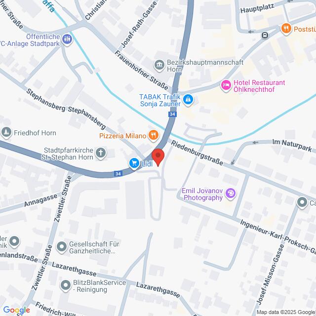Lehrlingsportal.at Eine digitale Karte mit Straßen und Geschäften in Horn, Österreich, mit einer roten Standortnadel in der Nähe der Riedenburgstraße und einem Lidl-Supermarkt in der Nähe.