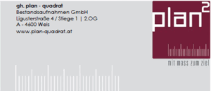 Lehrlingsportal.at Visitenkarte für gh. plan - quadrat, mit Adresse, Website und Logo mit Linealgrafik und dem Slogan "mit Masse zum Ziel".