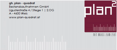 Lehrlingsportal.at Visitenkarte für gh. plan - quadrat, mit Adresse, Website und Logo mit Linealgrafik und dem Slogan "mit Masse zum Ziel".