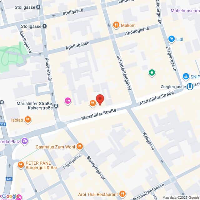 Lehrlingsportal.at Eine Karte, die die Kreuzung Mariahilfer Straße und Kaiserstraße in Wien zeigt, mit Hervorhebung der nahegelegenen Straßen, Geschäfte und Wahrzeichen.