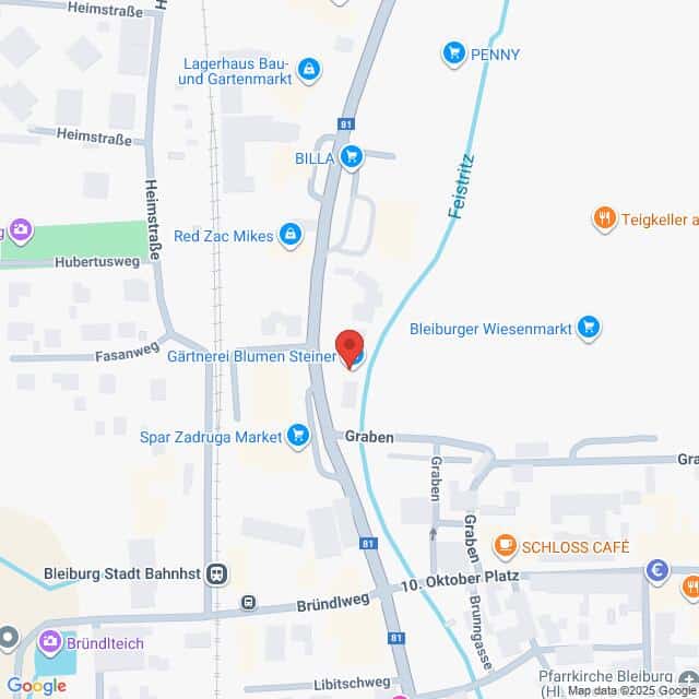Lehrlingsportal.at Karte mit einem Ausschnitt von Bleiburg, Österreich, mit Straßen, lokalen Unternehmen, Sehenswürdigkeiten und einer Stecknadel, die einen bestimmten Ort in der Nähe von Blumen Steiner und Graben anzeigt.