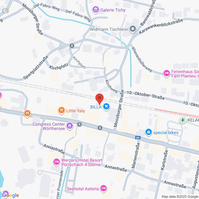 Lehrlingsportal.at Eine Karte, die die Lage von BILLA in der 10.-Oktober-Straße in Bezug auf nahegelegene Geschäfte, Hotels und Straßen in einem städtischen Gebiet zeigt.