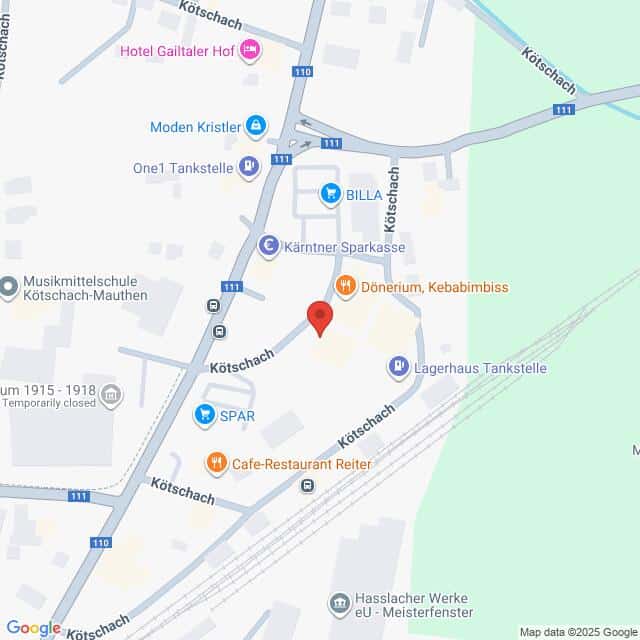 Lehrlingsportal.at Karte des Zentrums von Kötschach, Österreich, mit Markierungen für Geschäfte wie SPAR, BILLA, Restaurants, eine Bank und nahe gelegene Bahnstrecken.