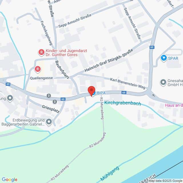 Lehrlingsportal.at Die Karte zeigt einen Standort in der Murfeldstraße in der Nähe des Griesplatzes in einer Stadt mit nahegelegenen Parks, Geschäften und einem Fluss mit der Bezeichnung Mühlgang.