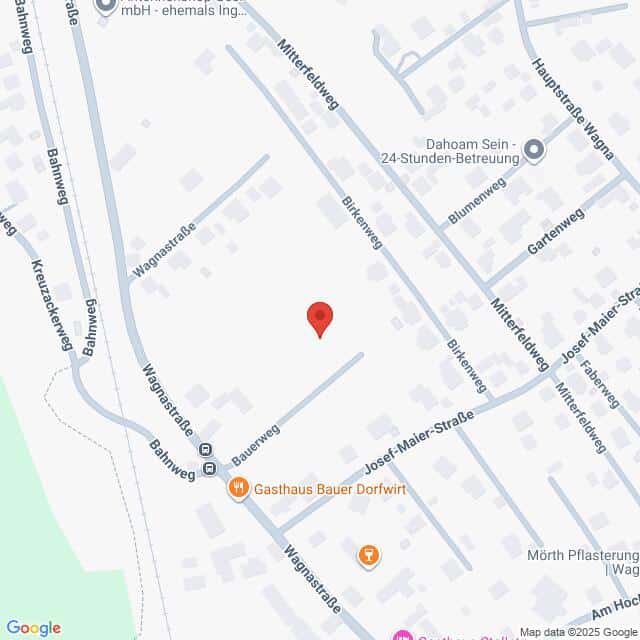 Lehrlingsportal.at Eine Karte, die die Kreuzung Bauerweg und Bahnweg in einem Wohngebiet zeigt, mit einer Markierung, die einen bestimmten Standort in der Nähe des Gasthauses Bauer Dorfwirt anzeigt.