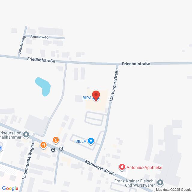 Lehrlingsportal.at Karte mit einer Standortmarkierung an einer Straßenkreuzung in der Nähe von BIPA und BILLA, wobei die nahe gelegenen Straßen mit Friedhofstraße und Marburger Straße bezeichnet sind.