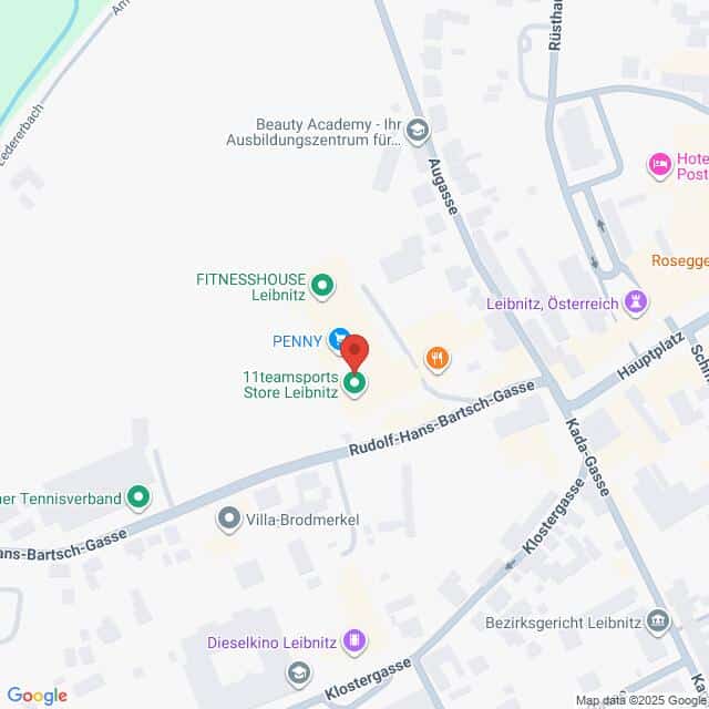 Lehrlingsportal.at Eine Karte zeigt die Lage von 11teamsports Store Leibnitz in der Rudolf-Hans-Bartsch-Gasse in Leibnitz, Österreich, mit Markierung der umliegenden Geschäfte und Straßen.