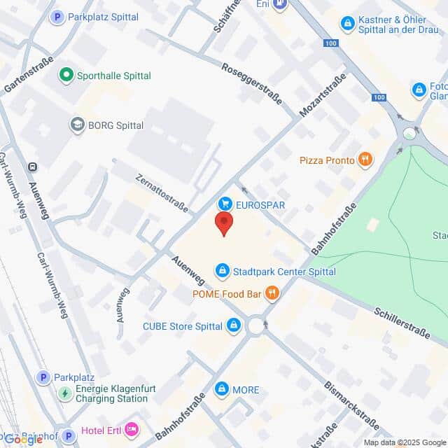 Lehrlingsportal.at Kartenansicht des Stadtzentrums von Spittal, Österreich, mit Straßen, Geschäften und wichtigen Orten wie dem EUROSPAR, dem Stadtpark Center und nahe gelegenen Parkplätzen.