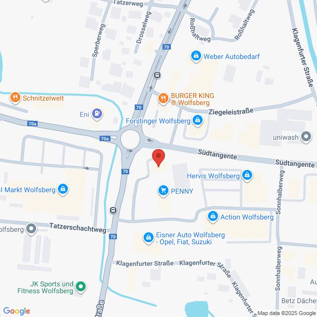 Lehrlingsportal.at Karte eines Teils von Wolfsberg, Österreich, mit eingezeichneten Standorten wie Burger King, Penny, Schnitzelwelt und mehreren Straßen und Kreuzungen.