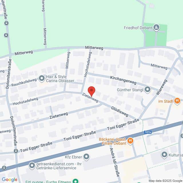 Lehrlingsportal.at Eine digitale Karte, die den Zietenweg in einem Wohngebiet mit nahe gelegenen Straßen, Unternehmen und Sehenswürdigkeiten markiert.