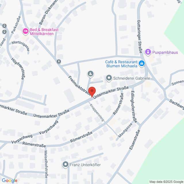 Lehrlingsportal.at Karte mit roter Standortmarkierung an der Kreuzung Untermarkter Straße/Römerstraße, umgeben von Geschäften und Wahrzeichen in einem Wohngebiet.