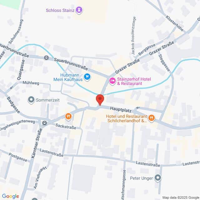 Lehrlingsportal.at Karte der Umgebung des Hauptplatzes in Stainz, Österreich, mit Beschriftung der umliegenden Straßen, Hotels, Restaurants und Sehenswürdigkeiten. Eine rote Markierung zeigt einen bestimmten Ort an.