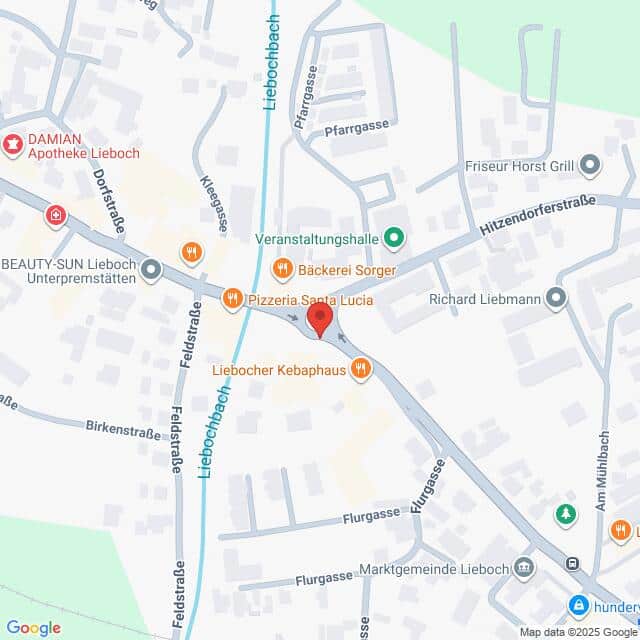 Lehrlingsportal.at Kartenansicht des Zentrums von Lieboch, Österreich, mit eingezeichneten Orten wie einer Apotheke, Restaurants, Geschäften und dem Liebobach, der durch das Gebiet fließt.