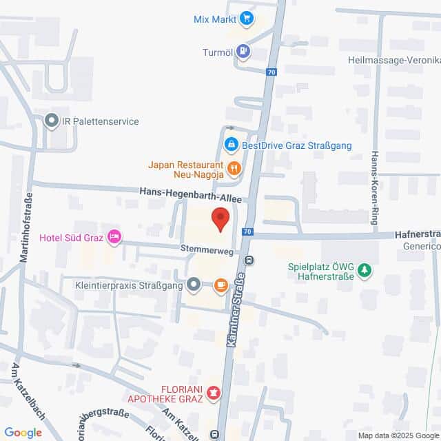 Lehrlingsportal.at Karte der Gegend um die Kärntner Straße in Graz, Österreich, mit Markierungen für Geschäfte, Restaurants und medizinische Einrichtungen.