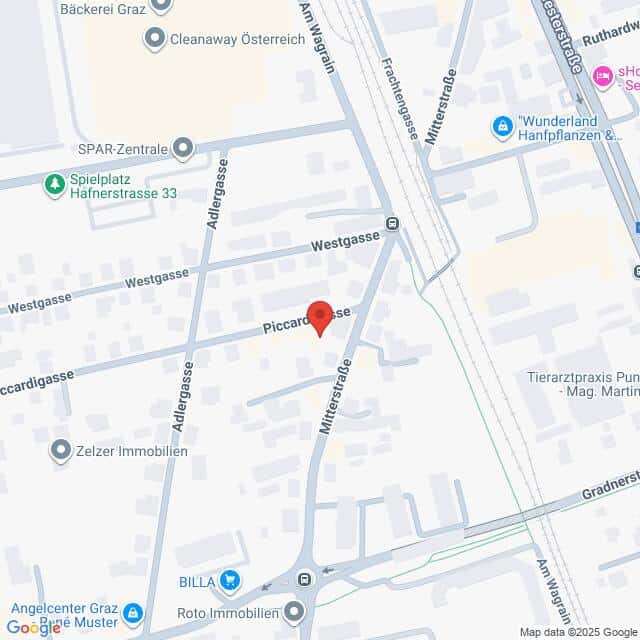 Lehrlingsportal.at Eine digitale Karte, die die Kreuzung Piccardgasse und Mitterstraße zeigt, mit nahegelegenen Straßen und Orten, die durch Symbole und Beschriftungen gekennzeichnet sind.
