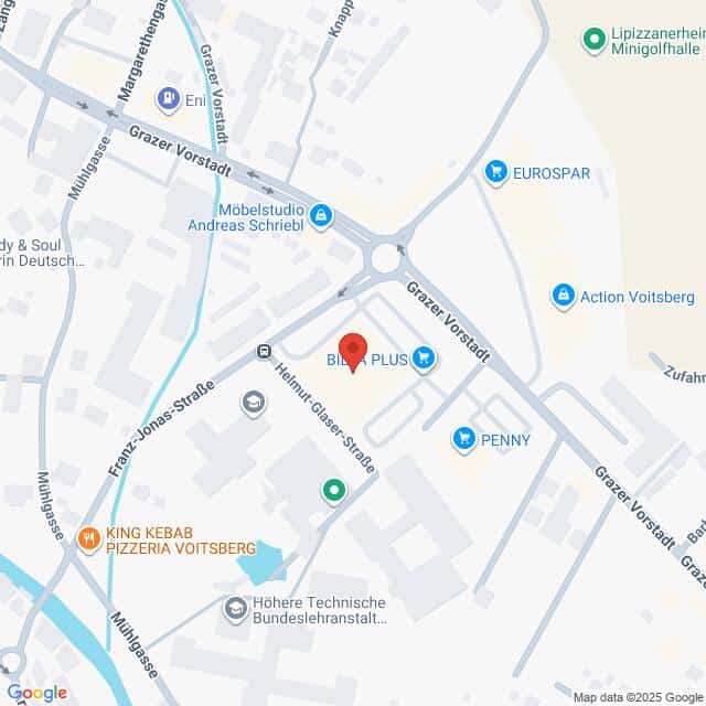 Lehrlingsportal.at Die Karte zeigt einen Ausschnitt von Voitsberg, Österreich, mit eingezeichneten Straßen, Geschäften und Sehenswürdigkeiten, mit Schwerpunkt auf dem Gebiet um die Supermärkte BILLA PLUS und Penny.