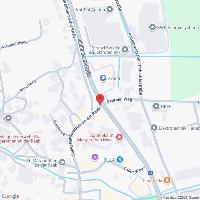 Lehrlingsportal.at Eine Kartenansicht von Sankt Margarethen an der Raab, Österreich, mit Hervorhebung des Feureisl Wegs und nahe gelegener Straßen, Geschäfte und Sehenswürdigkeiten.