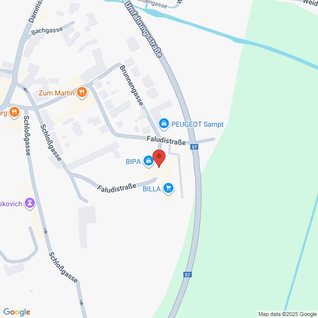 Lehrlingsportal.at Karte der Faludistraße in Österreich, mit nahegelegenen Orten wie BIPA, BILLA, PEUGEOT Sampt und Zum Martin. Straßen und Umgebung sind ebenfalls sichtbar.