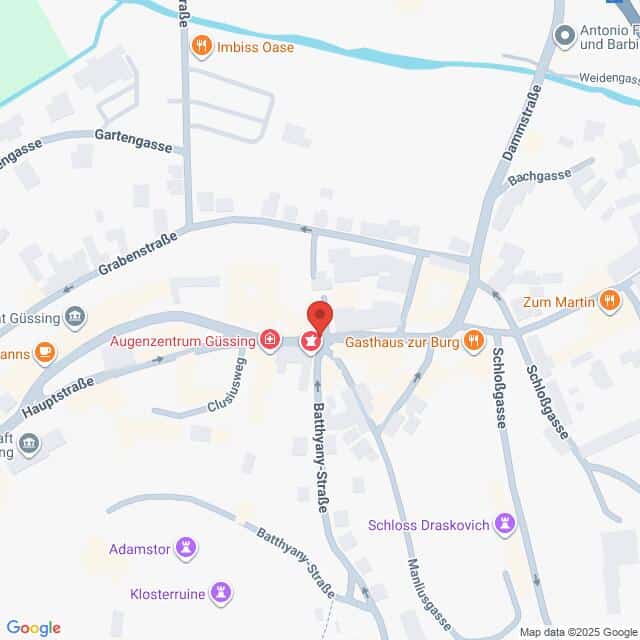 Lehrlingsportal.at Karte eines zentralen Ortes in Güssing, Österreich, mit Markierung von nahe gelegenen Sehenswürdigkeiten wie Restaurants, einer Burg und medizinischen Zentren.