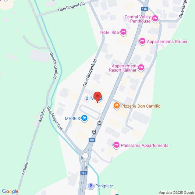 Lehrlingsportal.at Karte mit Geschäften und Wohnungen in der Nähe von Oberlängenfeld, Österreich, einschließlich BIPA, MPREIS, Hotel Rita und Pizzeria Don Camillo, mit eingezeichneten Straßen und Gebäuden.