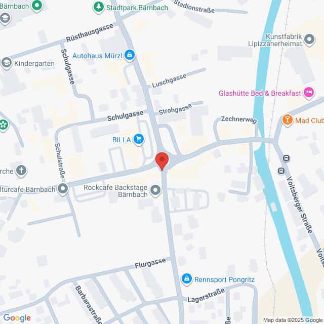 Lehrlingsportal.at Eine Karte mit Straßen und Orten in Bärnbach, Österreich, rund um die Schulstraße, den Zechnerweg und die Flurgasse, mit beschrifteten Sehenswürdigkeiten und Unternehmen.