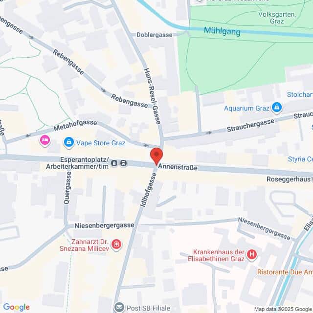 Lehrlingsportal.at Karte der Kreuzung Annenstraße und Uhlikgasse in Graz, Österreich, mit Beschriftung der umliegenden Straßen, Geschäfte und Sehenswürdigkeiten.