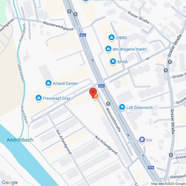 Lehrlingsportal.at Eine digitale Karte, die einen Teil von Graz, Österreich, zeigt, mit mehreren Geschäften und dem Andritzbach auf der linken Seite. Auf der Weinzöttlstraße ist eine Standortnadel markiert.