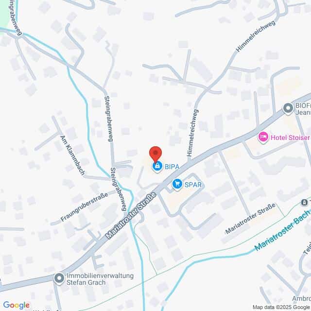 Lehrlingsportal.at Eine Karte, die den Standort von BIPA und SPAR auf der Mariahofner Straße zeigt, mit Beschriftung der umliegenden Straßen und Geschäfte in der Nähe.