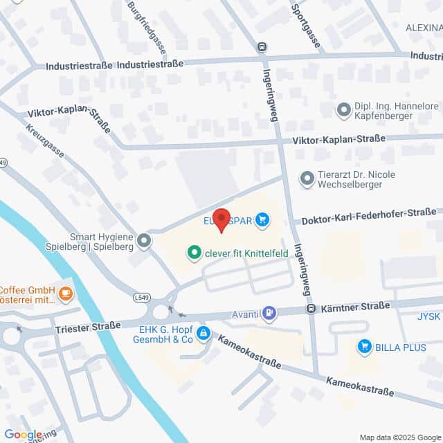 Lehrlingsportal.at Kartenansicht mit Straßen und Geschäften in Spielberg, Österreich, zentriert auf einen ELSPAR-Standort in der Nähe von Viktor-Kaplan-Straße und Kärntner Straße.