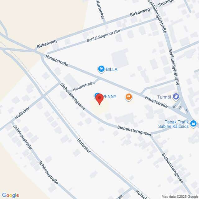 Lehrlingsportal.at Eine Karte zeigt die Kreuzung von Hauptstraße und Siebensterngasse mit den nahegelegenen Geschäften BILLA, PENNY und Turmöl.