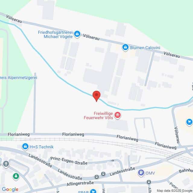 Lehrlingsportal.at Eine Karte mit der Lage der Freiwilligen Feuerwehr Völs in der Nähe des Florianweges in Völs, Österreich, mit Beschriftung der umliegenden Geschäfte und Straßen.