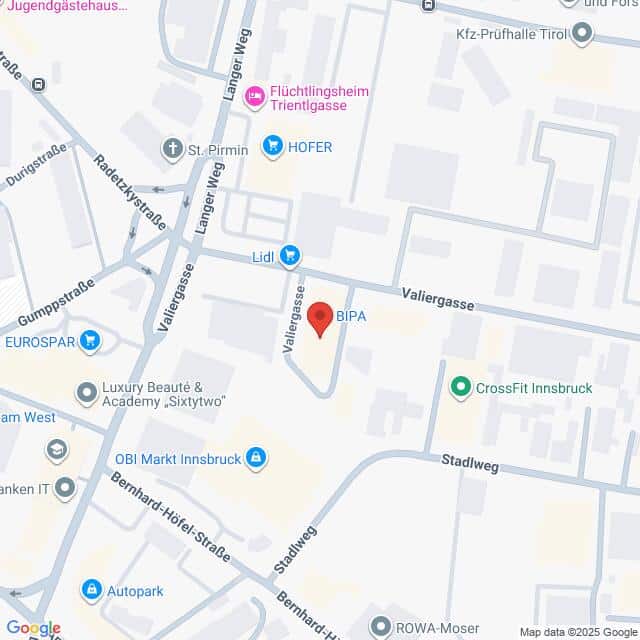 Lehrlingsportal.at Eine Karte, die die Gegend um die Valiergasse in Innsbruck, Österreich, zeigt, mit eingezeichneten Standorten wie Lidl, BIPA und CrossFit Innsbruck.