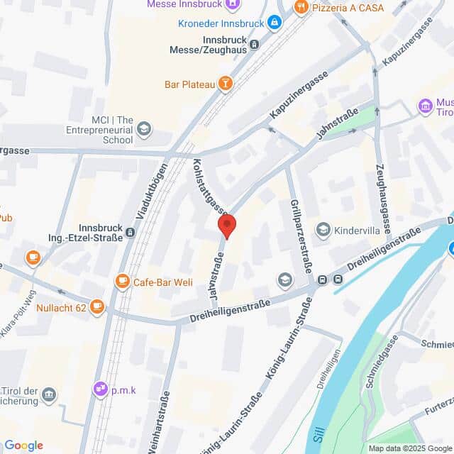 Lehrlingsportal.at Eine digitale Karte mit Straßen und Geschäften im Zentrum von Innsbruck, Österreich, mit einer roten Standortmarkierung in der Nähe von Jahnstraße und Dreiheiligenstraße.