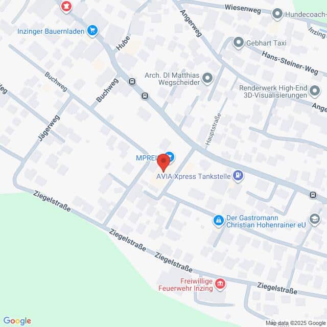 Lehrlingsportal.at Ein Screenshot der digitalen Karte zeigt einen Ausschnitt von Inzing, Österreich, mit eingezeichneten Straßen, Geschäften und Sehenswürdigkeiten, darunter eine AVIA Xpress Tankstelle.